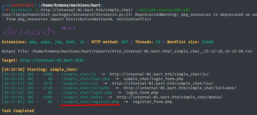 dirsearch sobre /simple_chat/ encontrando js, chat.php, css, includes, login.php, media y register.php, todos con redirección 301 o 302