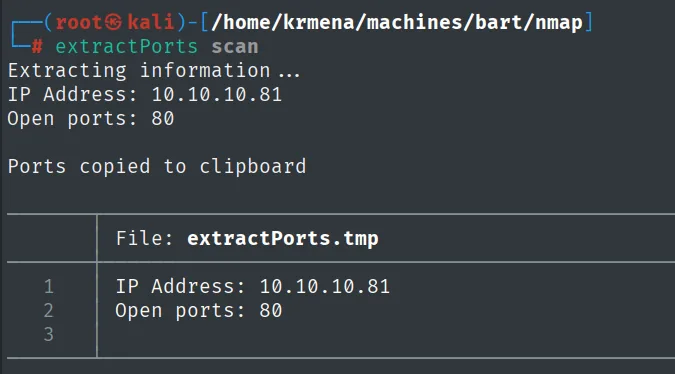 extractPorts leyendo el fichero scan y devolviendo IP Address 10.10.10.81 y Open ports 80