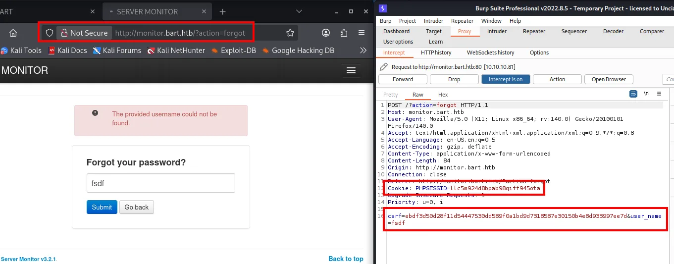 El formulario "Forgot password" de PHP Server Monitor, que solo pide un nombre de usuario