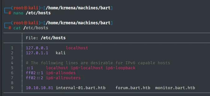 /etc/hosts con los cuatro nombres, incluido internal-01.bart.htb