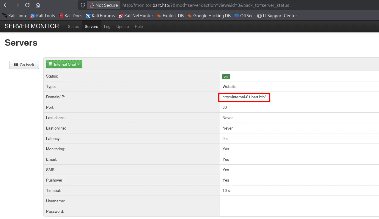La ficha del servidor "Internal Chat" en PHP Server Monitor mostrando Domain/IP http://internal-01.bart.htb/ en el puerto 80