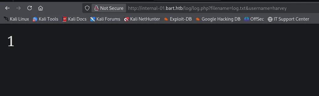 la petición a log.php con filename=log.txt devuelve un 1 en pantalla