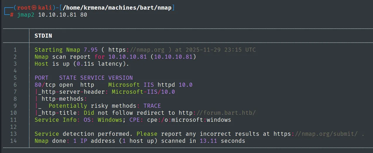 nmap -sCV sobre el 80: Microsoft IIS httpd 10.0, el aviso de método TRACE y la redirección a http://forum.bart.htb/