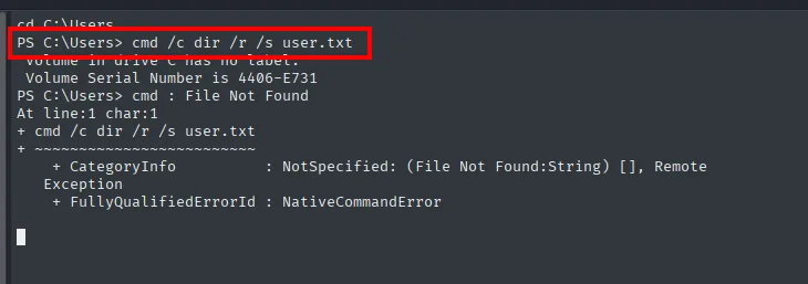 la búsqueda recursiva de user.txt desde C:\Users devuelve "File Not Found"