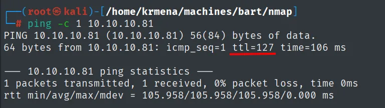 ping a 10.10.10.81 con ttl=127