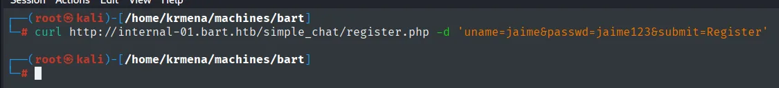 curl enviando el alta directamente a register.php; el servidor no devuelve ningún mensaje