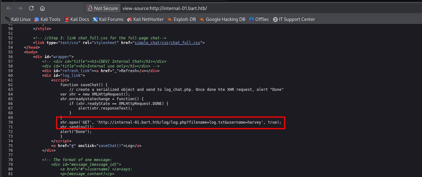 view-source de internal-01.bart.htb mostrando un bloque comentado del Internal Chat marcado como DEV y de uso interno, y una función saveChat() que hace una petición AJAX a log/log.php con los parámetros filename y username