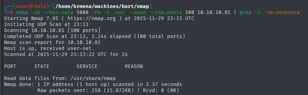 nmap -sU sobre los 100 puertos UDP más comunes de 10.10.10.81: la tabla de puertos sale vacía