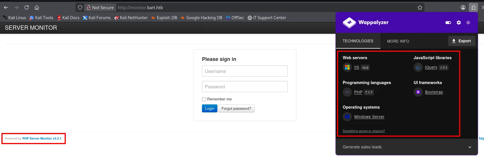 Wappalyzer sobre monitor.bart.htb mostrando PHP Server Monitor v3.2.1, PHP y MySQL