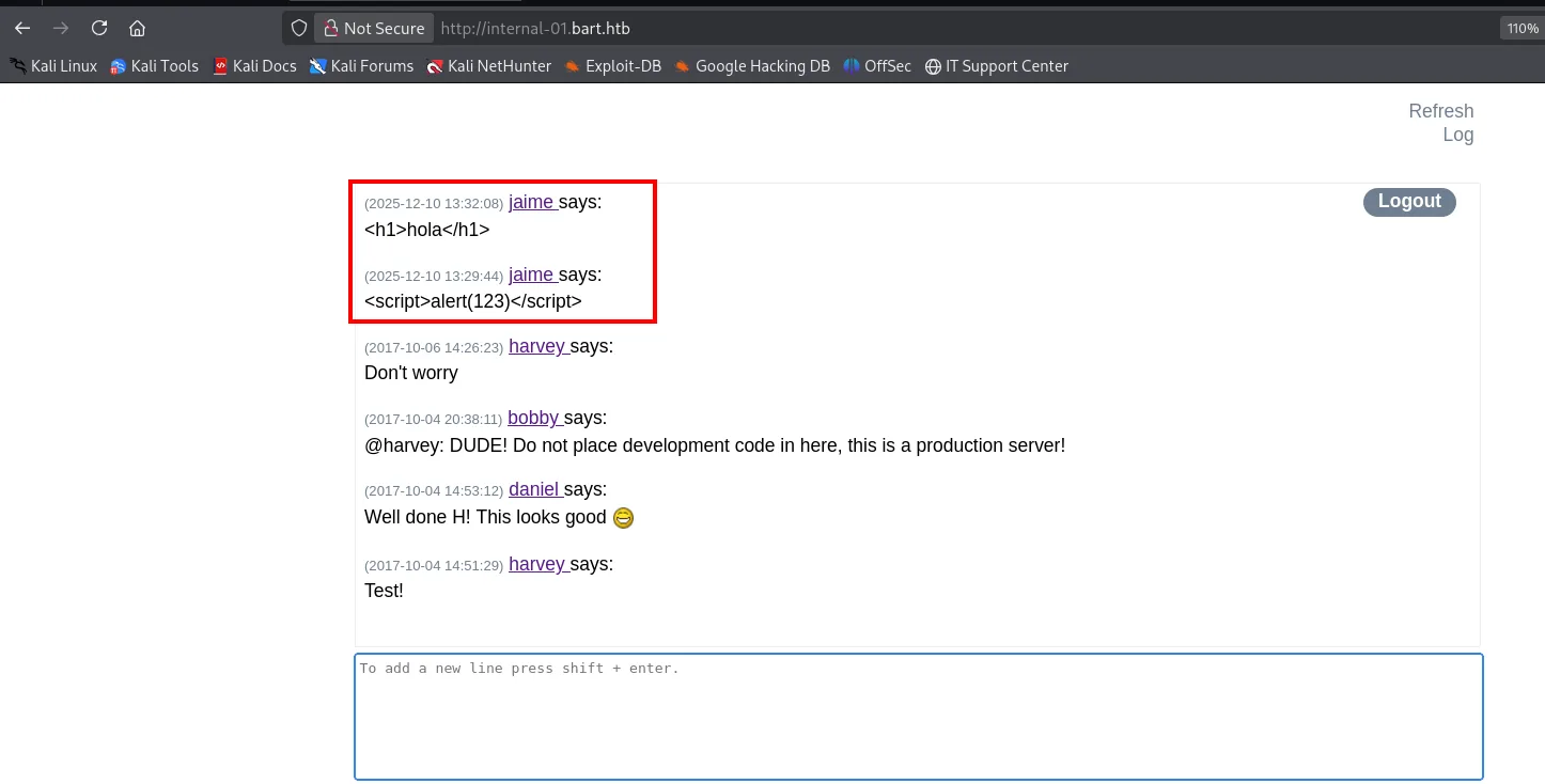 el chat mostrando los mensajes inyectados <h1>hola</h1> y <script>alert(123)</script> como texto plano, sin interpretarse
