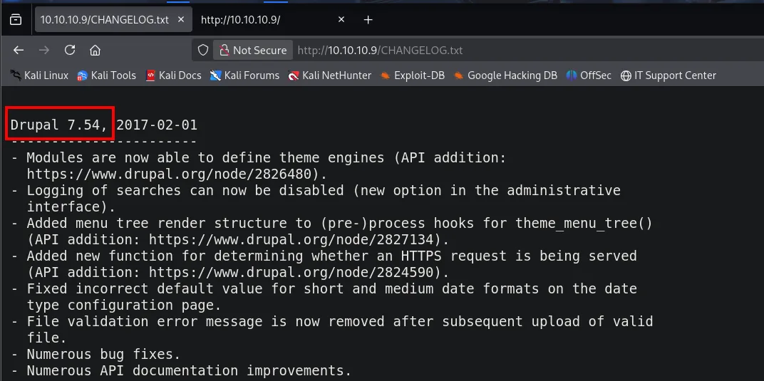 CHANGELOG.txt mostrando Drupal 7.54