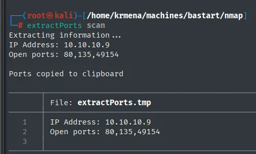Salida de extractPorts: IP Address 10.10.10.9 y Open ports 80,135,49154, copiados al portapapeles