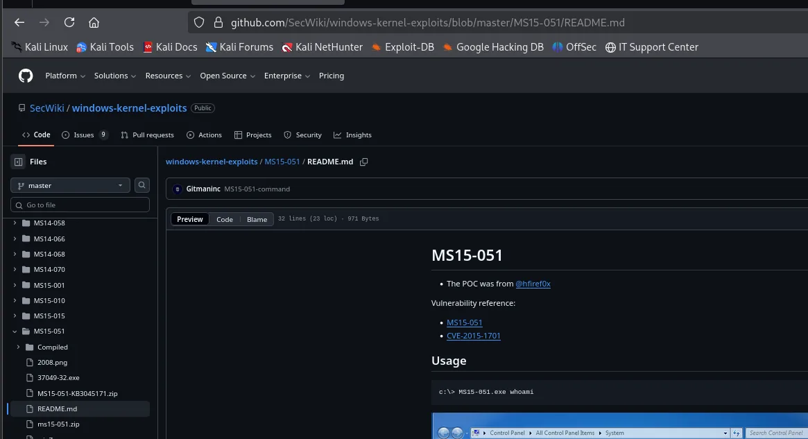 Repositorio SecWiki/windows-kernel-exploits en GitHub, carpeta MS15-051, con el README mostrando el uso c:\> MS15-051.exe whoami