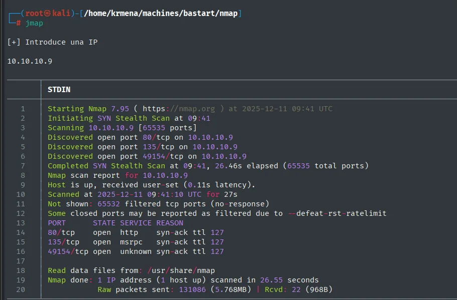 Salida de jmap: nmap descubre los puertos 80, 135 y 49154 abiertos, los tres con syn-ack ttl 127
