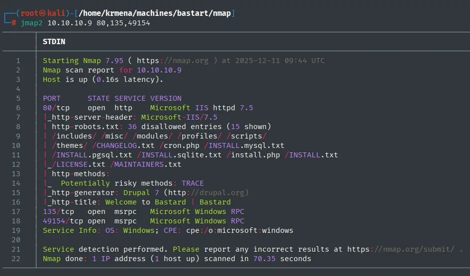 Salida de nmap -sCV: IIS 7.5, robots.txt con 36 entradas disallowed incluida /CHANGELOG.txt, http-generator Drupal 7 y los dos puertos RPC