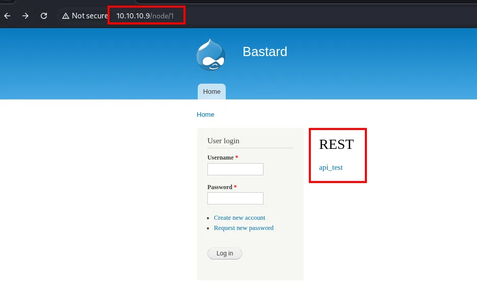 El nodo 1 de Drupal muestra en la barra lateral un bloque titulado REST con un enlace api_test