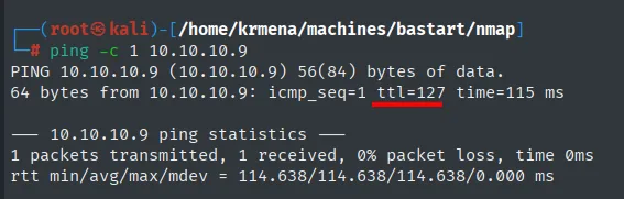 ping a 10.10.10.9 con ttl=127