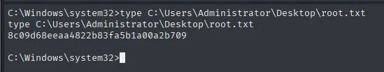 type de root.txt desde la shell de SYSTEM devolviendo 8c09d68eeaa4822b83fa5b1a00a2b709