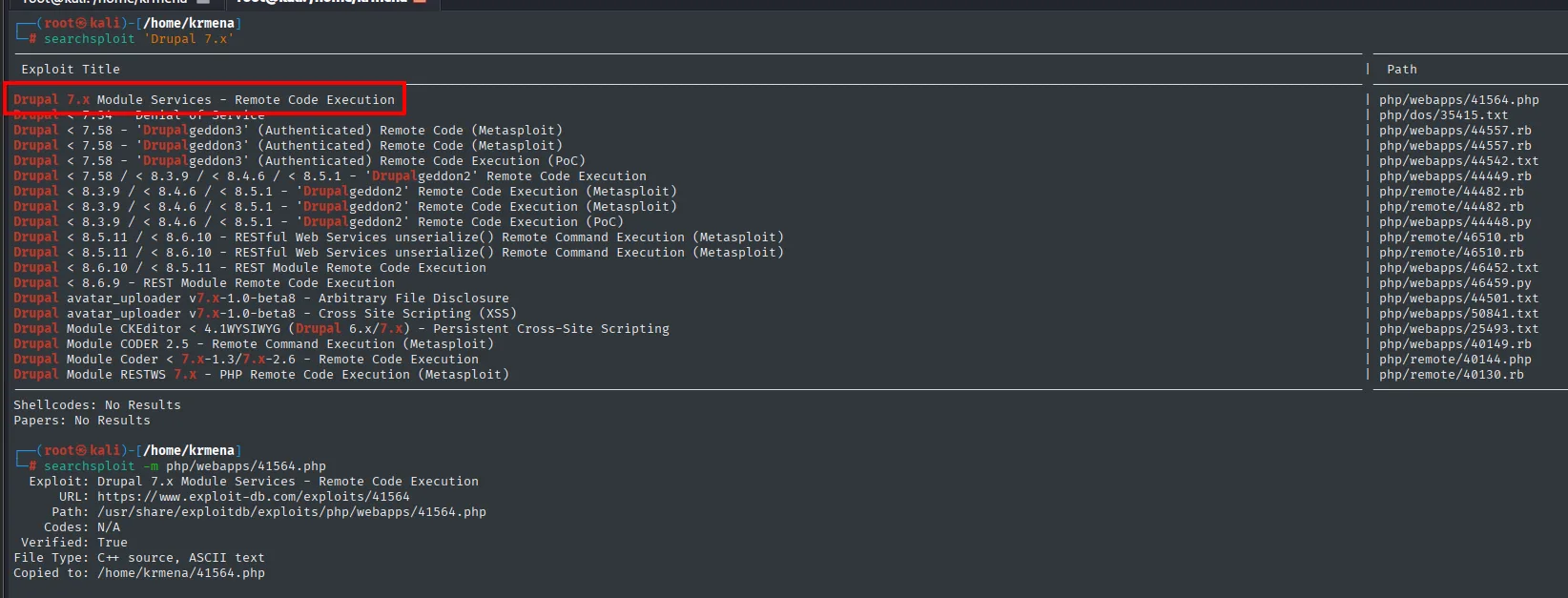 Salida de searchsploit con la lista de exploits de Drupal 7.x; el primero, Module Services - Remote Code Execution, aparece recuadrado, y debajo la copia del 41564.php
