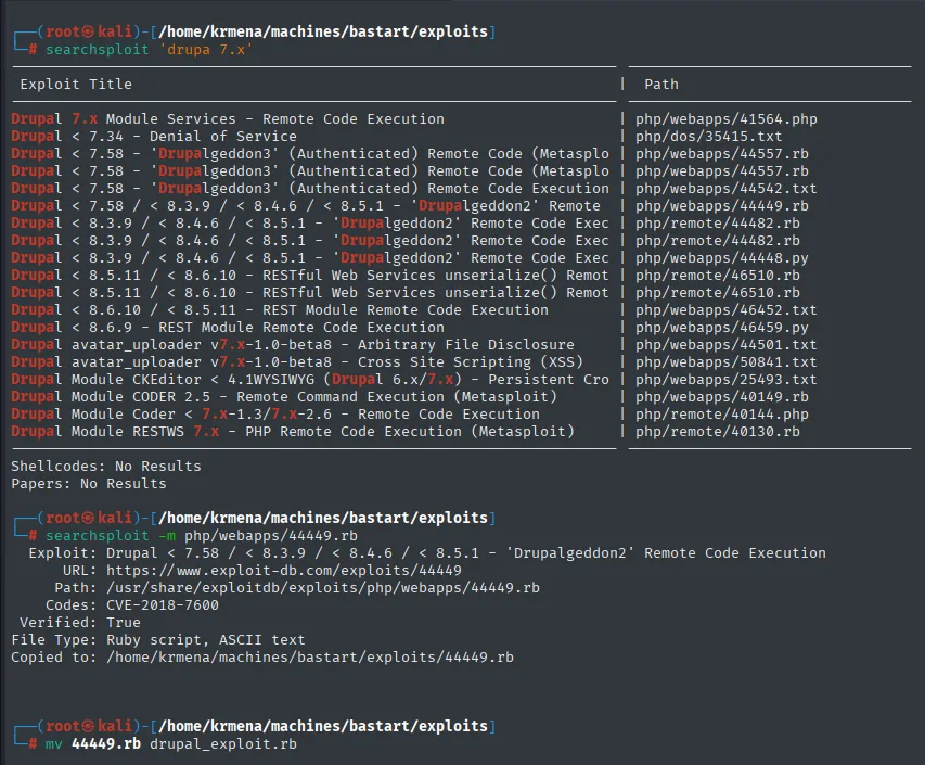 searchsploit copiando el 44449.rb, con Codes: CVE-2018-7600 y la ruta de destino, seguido del renombrado a drupal_exploit.rb