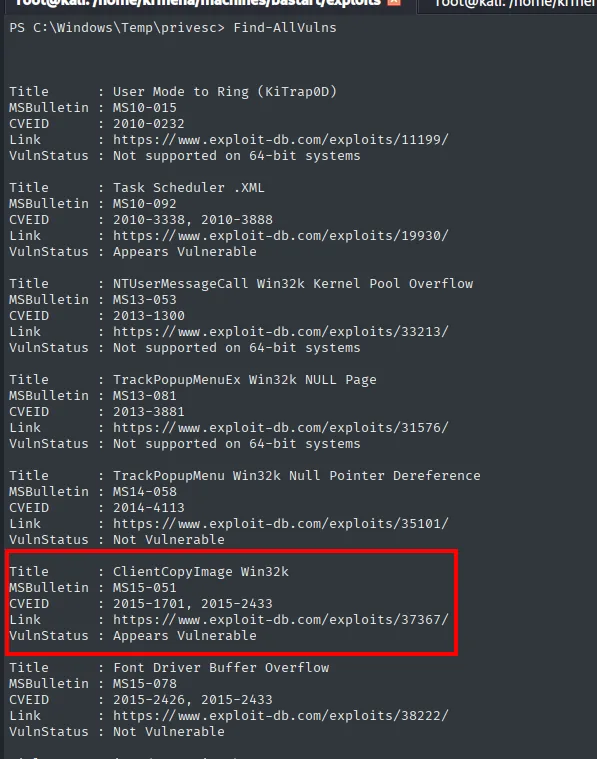 Sherlock marcando MS15-051 como Appears Vulnerable