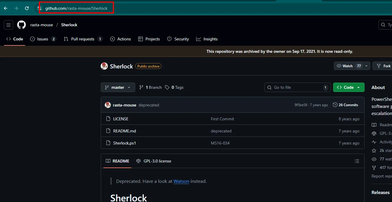 Repositorio Sherlock de rasta-mouse en GitHub, marcado como Public archive y con el aviso Deprecated. Have a look at Watson instead