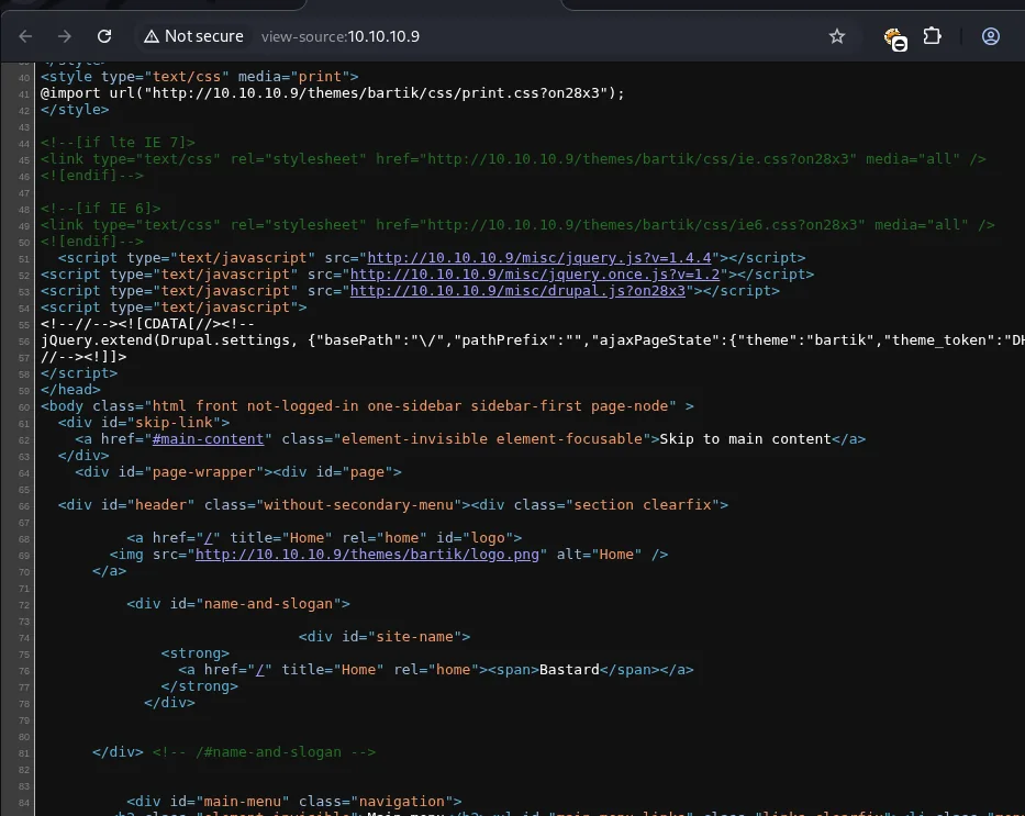 Código fuente de la portada mostrando las rutas del tema bartik, la carga de jquery.js?v=1.4.4 y el objeto Drupal.settings