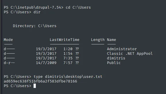 Listado de C:\Users con Administrator, Classic .NET AppPool, dimitris y Public, y el type de user.txt
