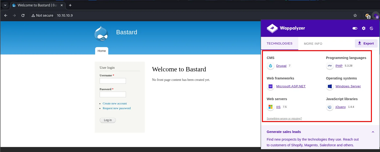 Portada de Bastard con el panel de Wappalyzer abierto: Drupal 7, PHP 5.3.28, Microsoft ASP.NET, Windows Server, IIS 7.5 y jQuery 1.4.4