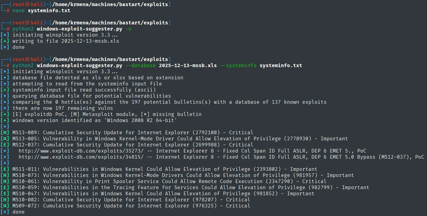Salida de windows-exploit-suggester: 0 hotfixes contra 197 boletines, versión identificada como Windows 2008 R2 64-bit, y una lista de MS13-009 a MS09-072 marcados con [M] y [E]