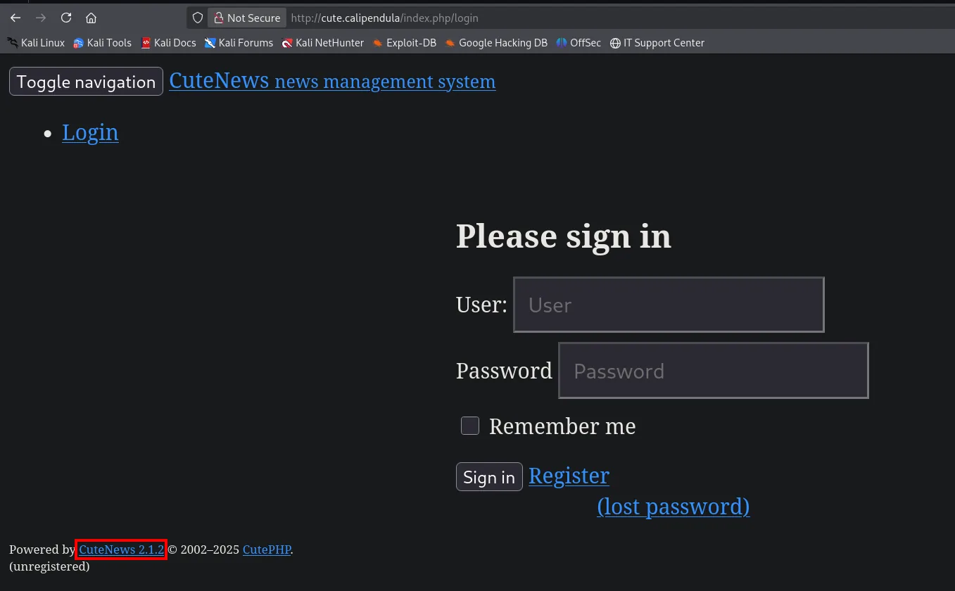 Login de CuteNews en cute.calipendula/index.php/login; al pie Powered by CuteNews 2.1.2 y enlace Register