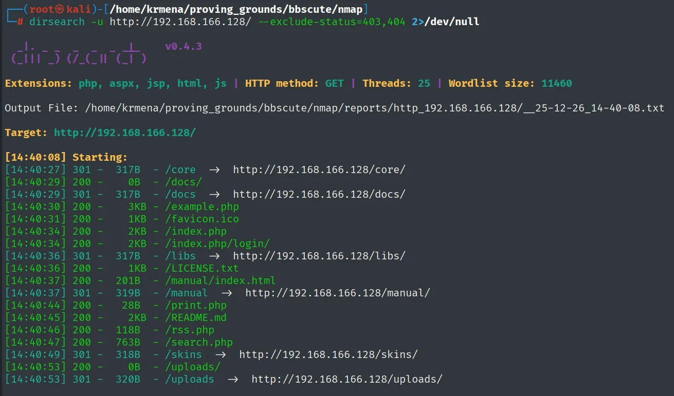 dirsearch encuentra /index.php/login, /uploads, /example.php y el resto de rutas del CMS