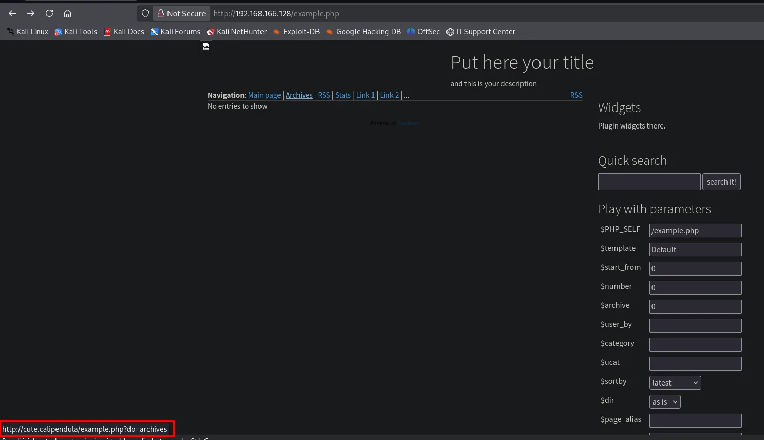 example.php de CuteNews; sus enlaces apuntan a http://cute.calipendula/example.php?do=archives