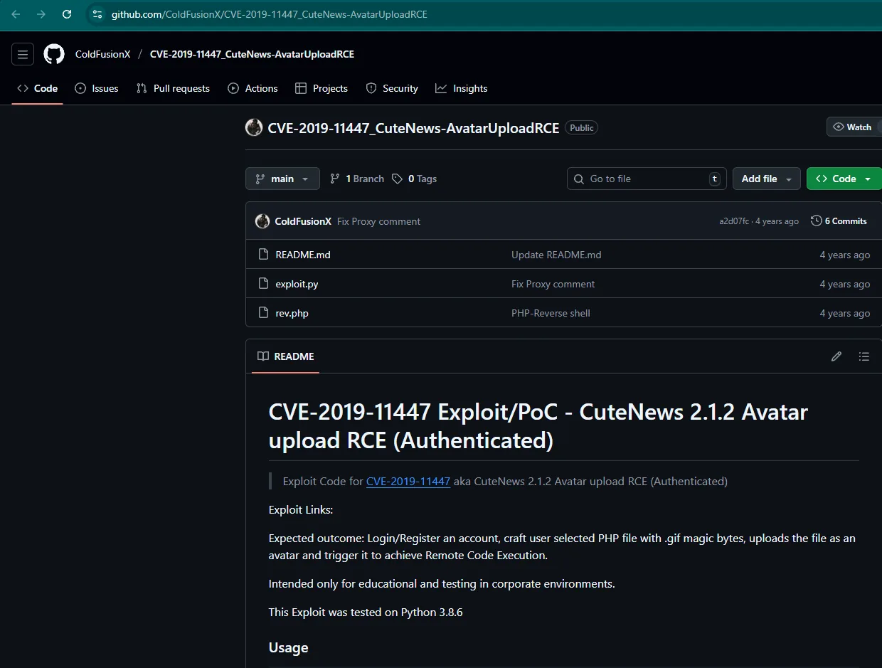 Repo de ColdFusionX en GitHub: CVE-2019-11447 CuteNews 2.1.2 Avatar upload RCE, con exploit.py y rev.php