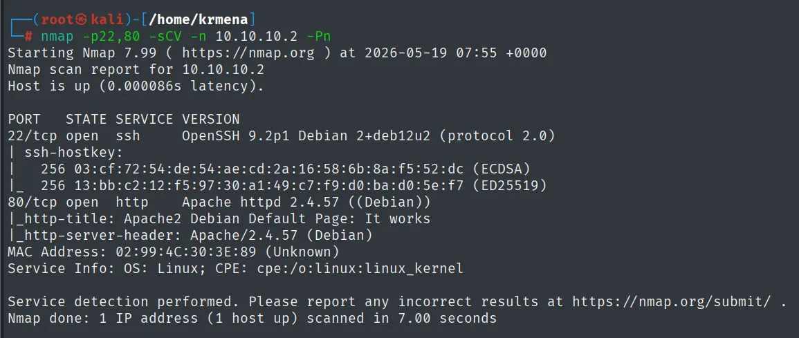 nmap -p22,80 -sCV sobre 10.10.10.2 devuelve OpenSSH 9.2p1 y Apache 2.4.57